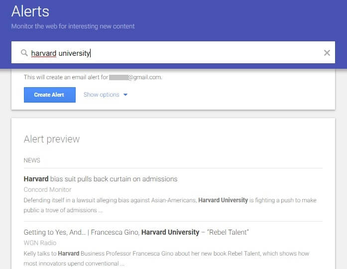 google alert set for "harvard" keyword