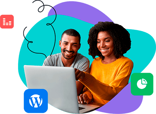 man and woman working on WordPress website