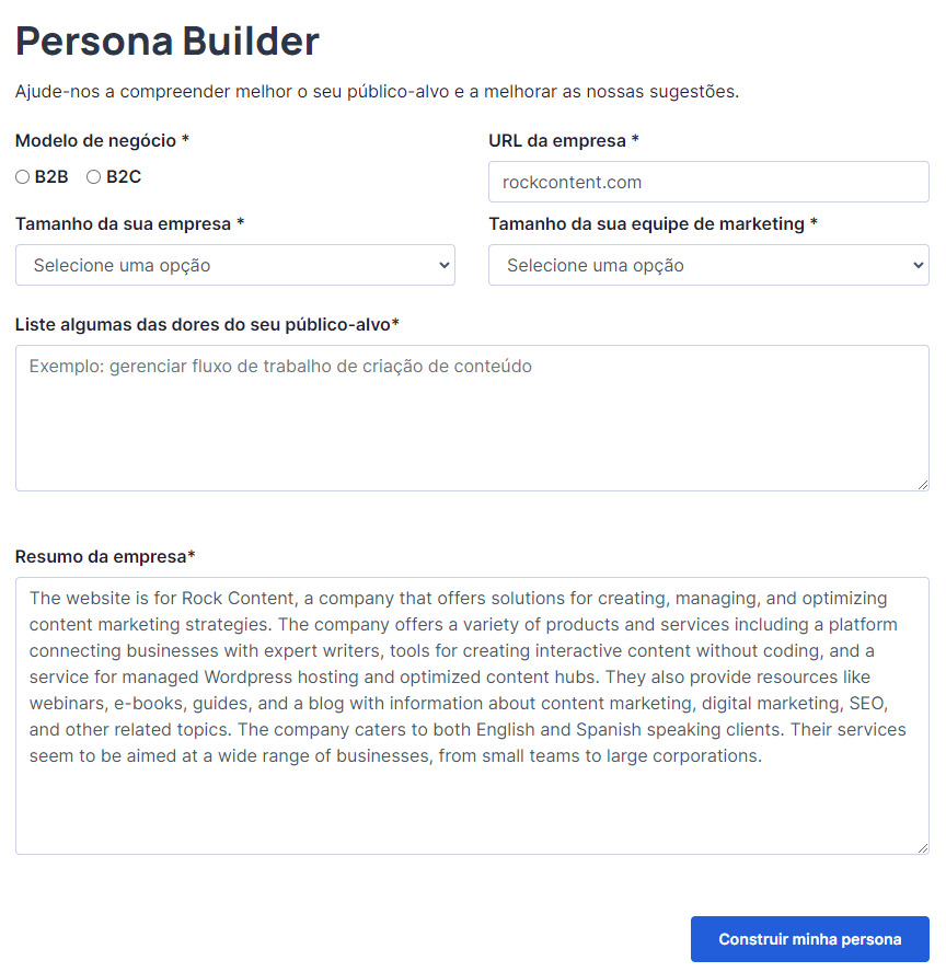 Layout do AI Persona Builder dentro do WriterAccess. Com apenas algumas informações, você tem em retorno uma persona bem construída.
